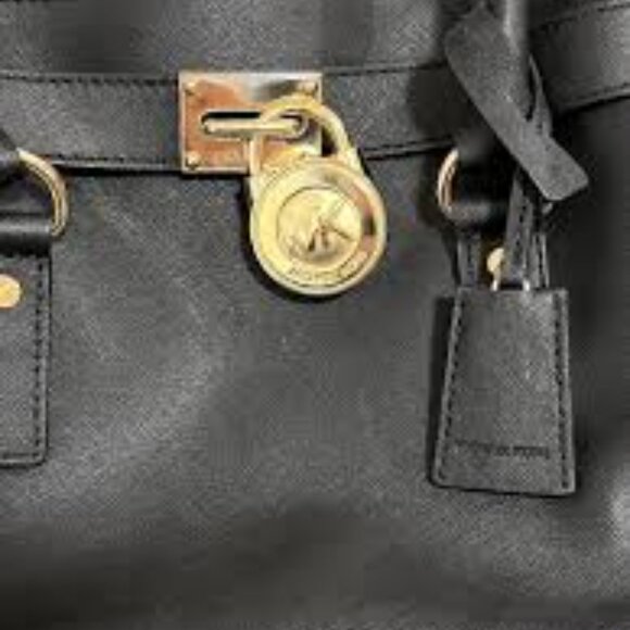 AUTHENTIC Michael Kors Hamilton Black Leather Gold Satchel Crossbody Tote Bag - Picture 5 of 10